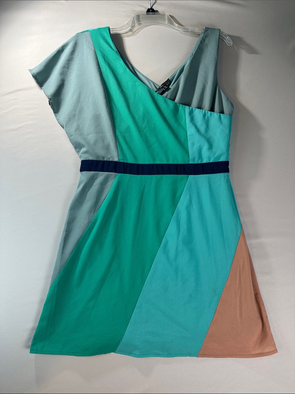 Colorblock V-Neck A-Line Dress in Teal & Tan Whimsical Cottagecore Open Shoulder
